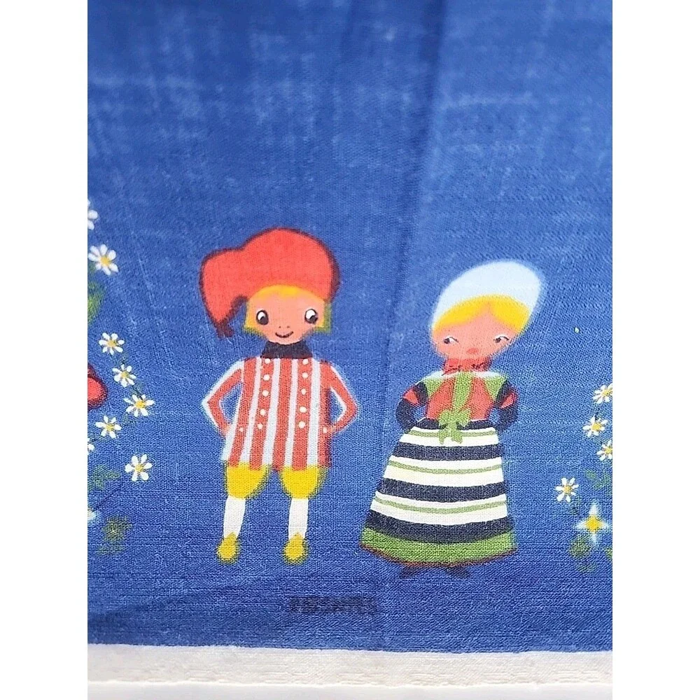 Vtg Tablecloth Fabric Ingrid Pedersen Denmark Souvenir 36” By 36” Blue